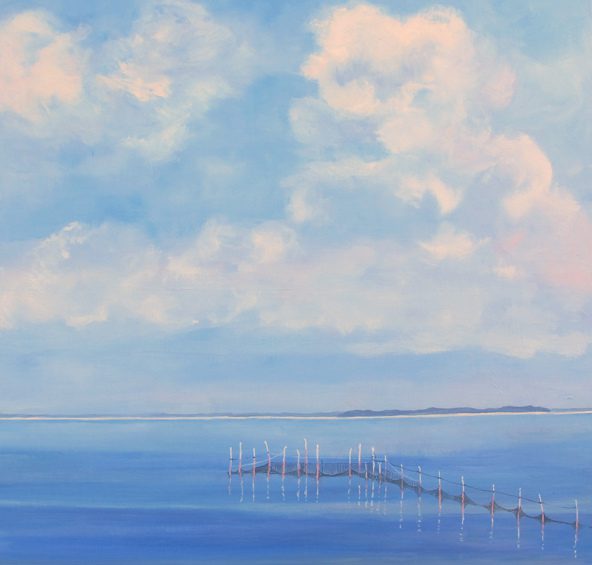 "Bait Nets on a Blue Bay" by Casey Chalem Anderson oil on wood 24 x 24